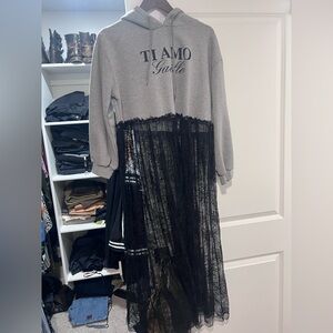 Grey 'TI AMO' Hoodie Dress with Black Lace Skirt
